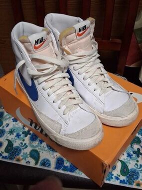 Nike Blazer Mid White Blue High Top Leather Sneakers Men's Basketball 7.5